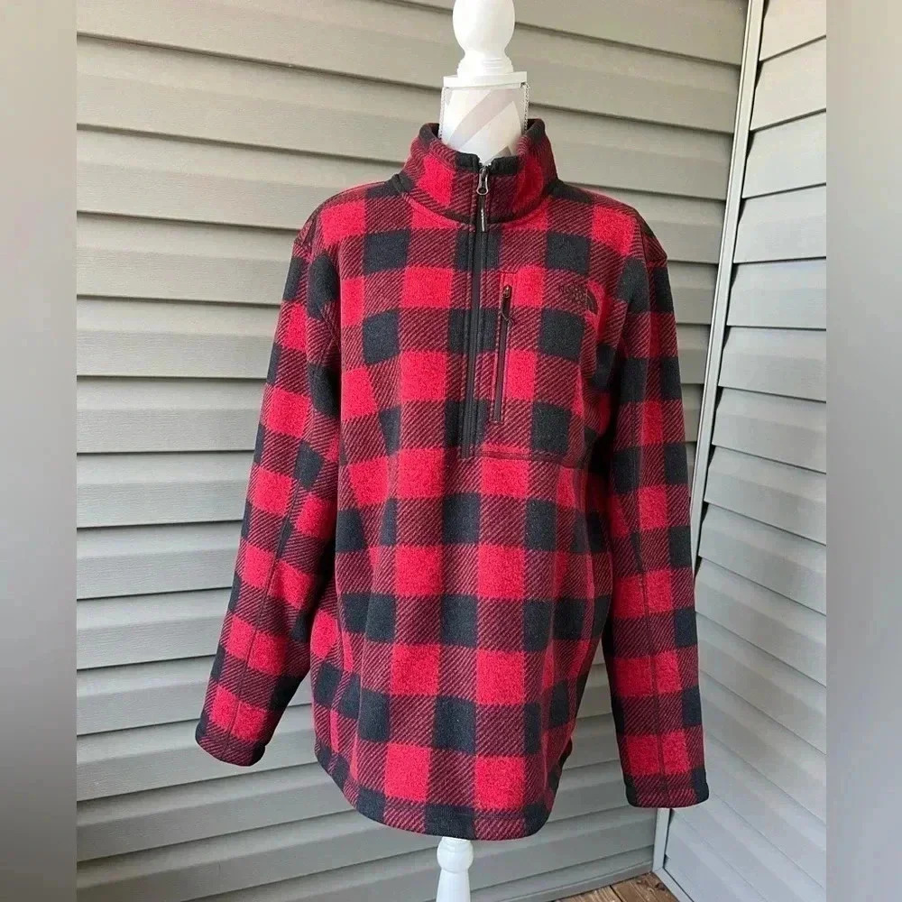 The North Face Fleece Men Jacket Red Black Buffalo Plaid 1/2 Zip Pullover Sz XL - Picture 1 of 7